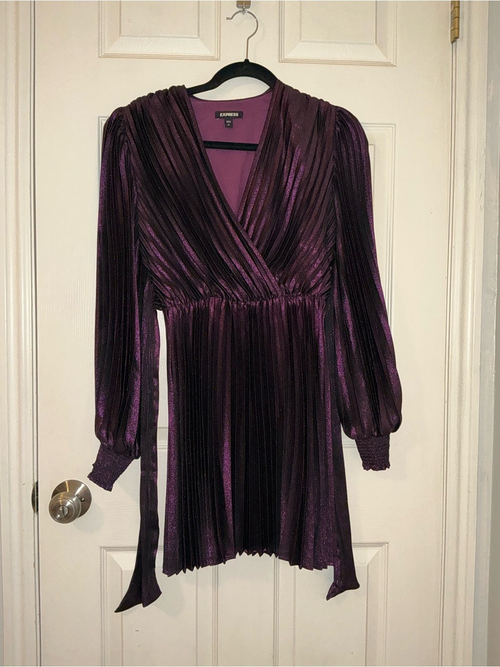Express Metallic Pleated Wrap Top in Plum